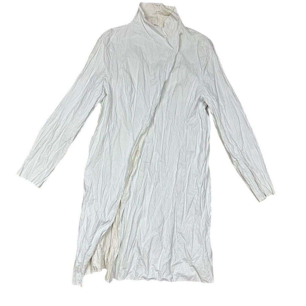 Eun Hwa Women's White Asymmetrical Button Mid-Length Coat Size L Crinkle
